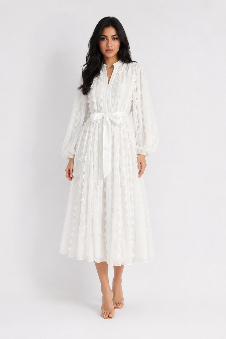 Ruffled Chiffon Tie-Waist Midi Dress - Ivory