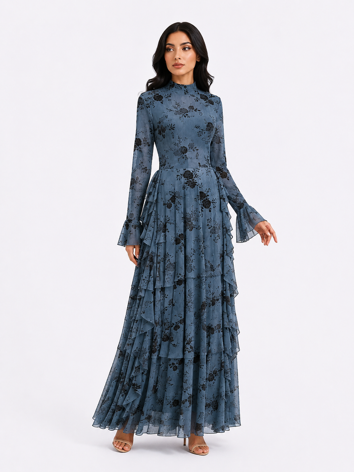 Floral Jacquard Ruffle Maxi Dress - Taupe