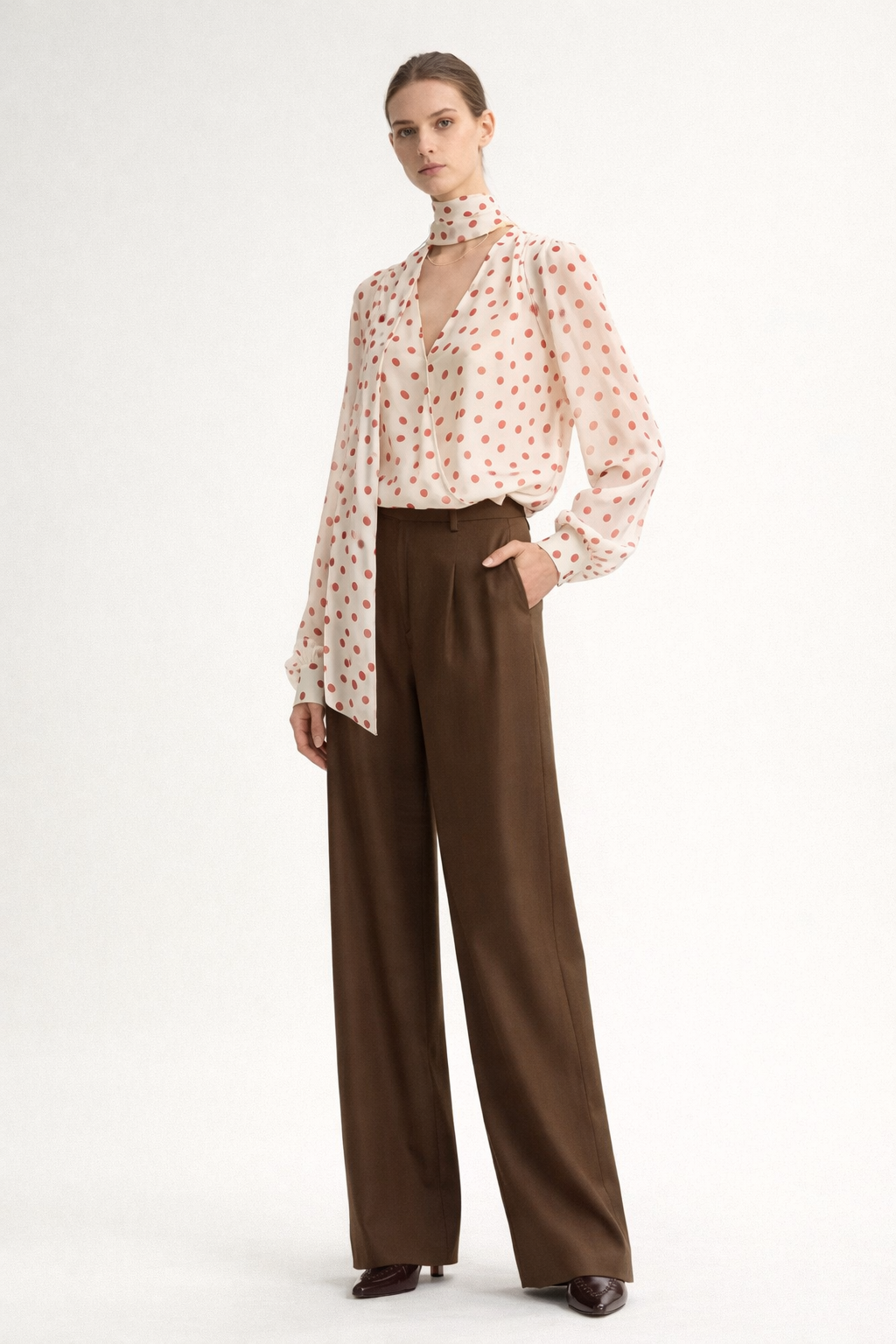 long sleeve polka dot wrap blouse with scarf tie – ROUGE