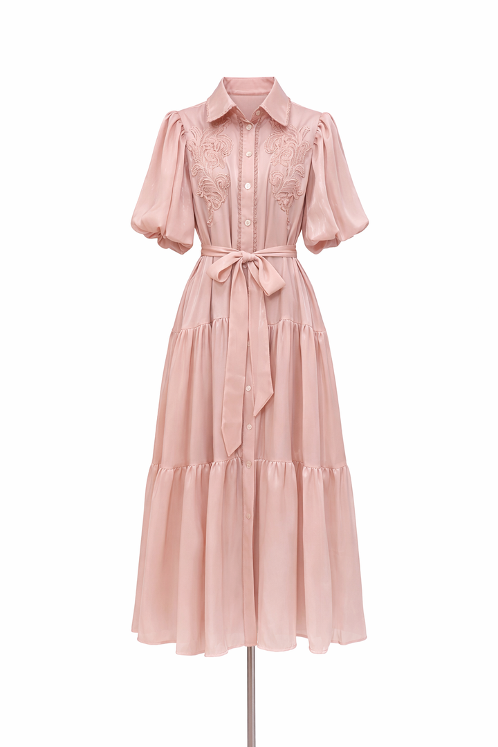 puff sleeve shirt midi dress with embroidered bodice and belt – OLIVIA