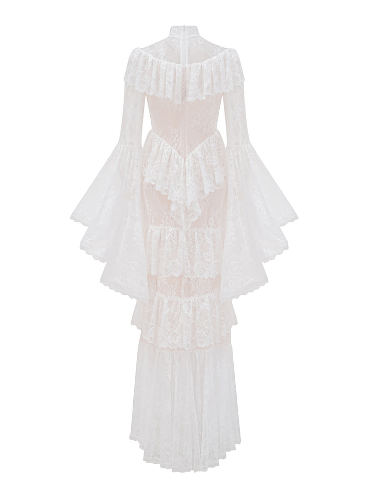 high neck lace ruffle dress with sheer panels – NOIR