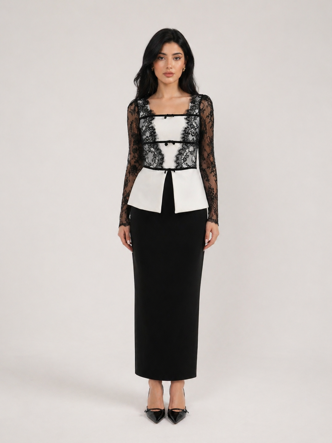 Black & Ivory Lace Panel Midi Dress with Structured Waist – NOIRÉ