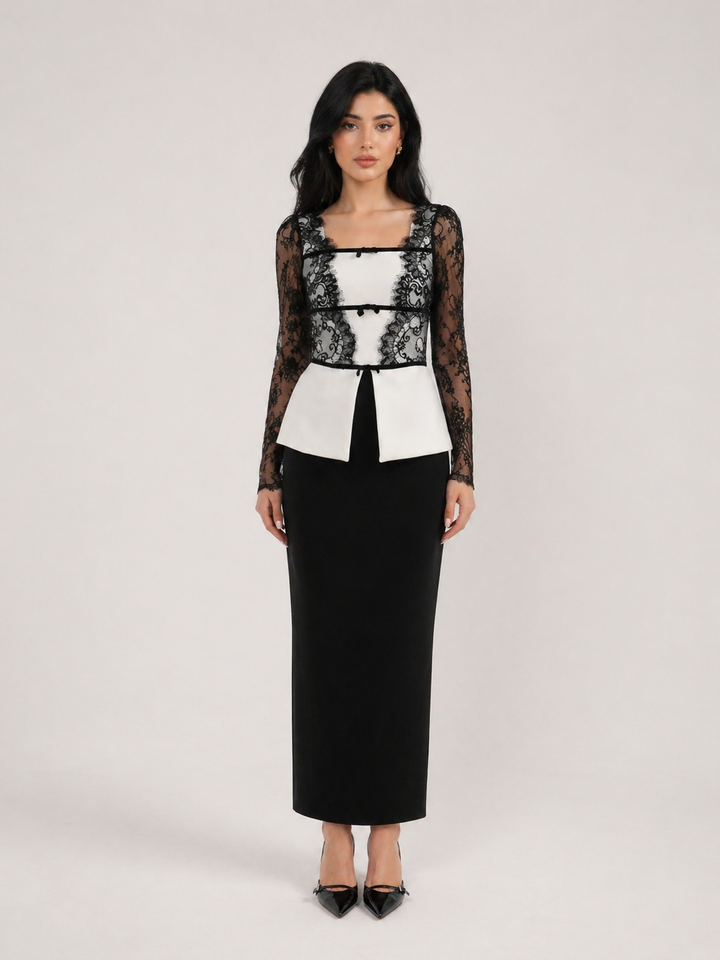 Black & Ivory Lace Panel Midi Dress with Structured Waist – NOIRÉ