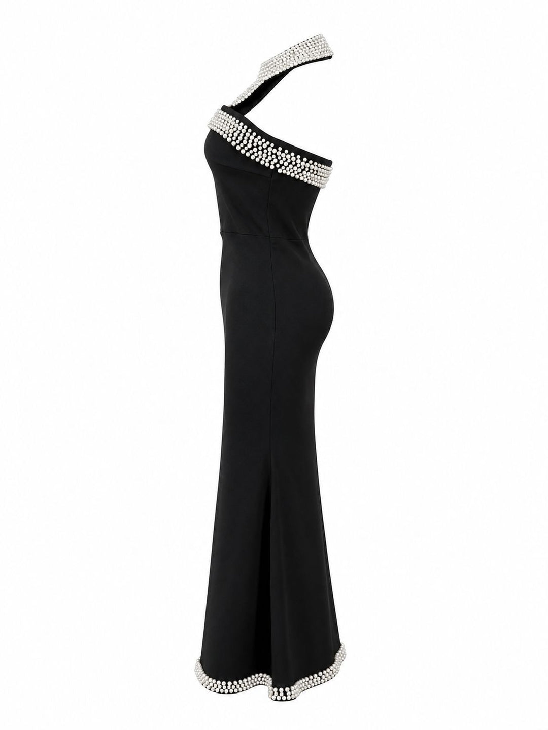 Pearl Trim Halter Mermaid Dress - Luxex