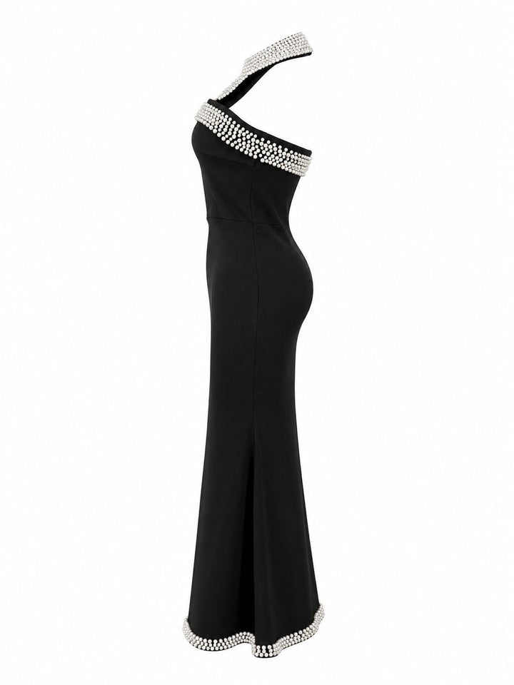 Pearl Trim Halter Mermaid Dress - Luxex