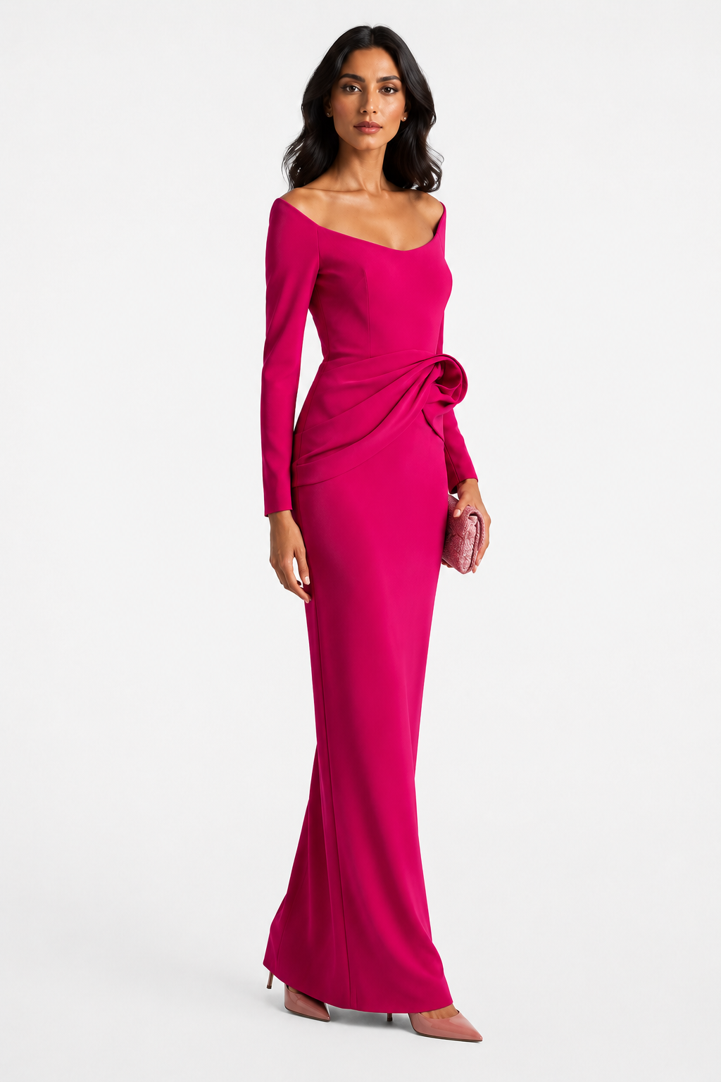 Fuchsia Draped Waist Evening Gown - Vivienne