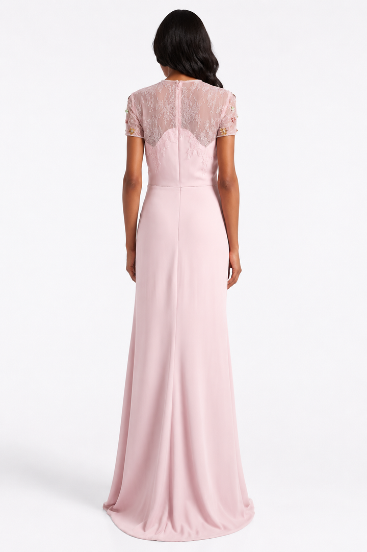 Blush Pink Embellished Lace Evening Gown - Blossom