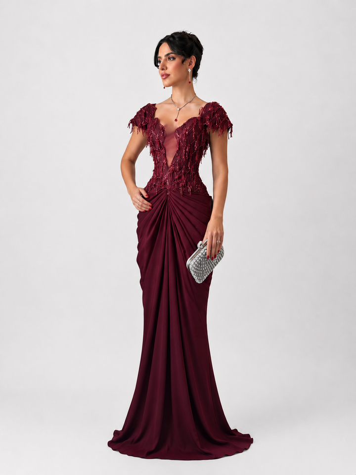 Embellished Draped Evening Gown - RUBENZA