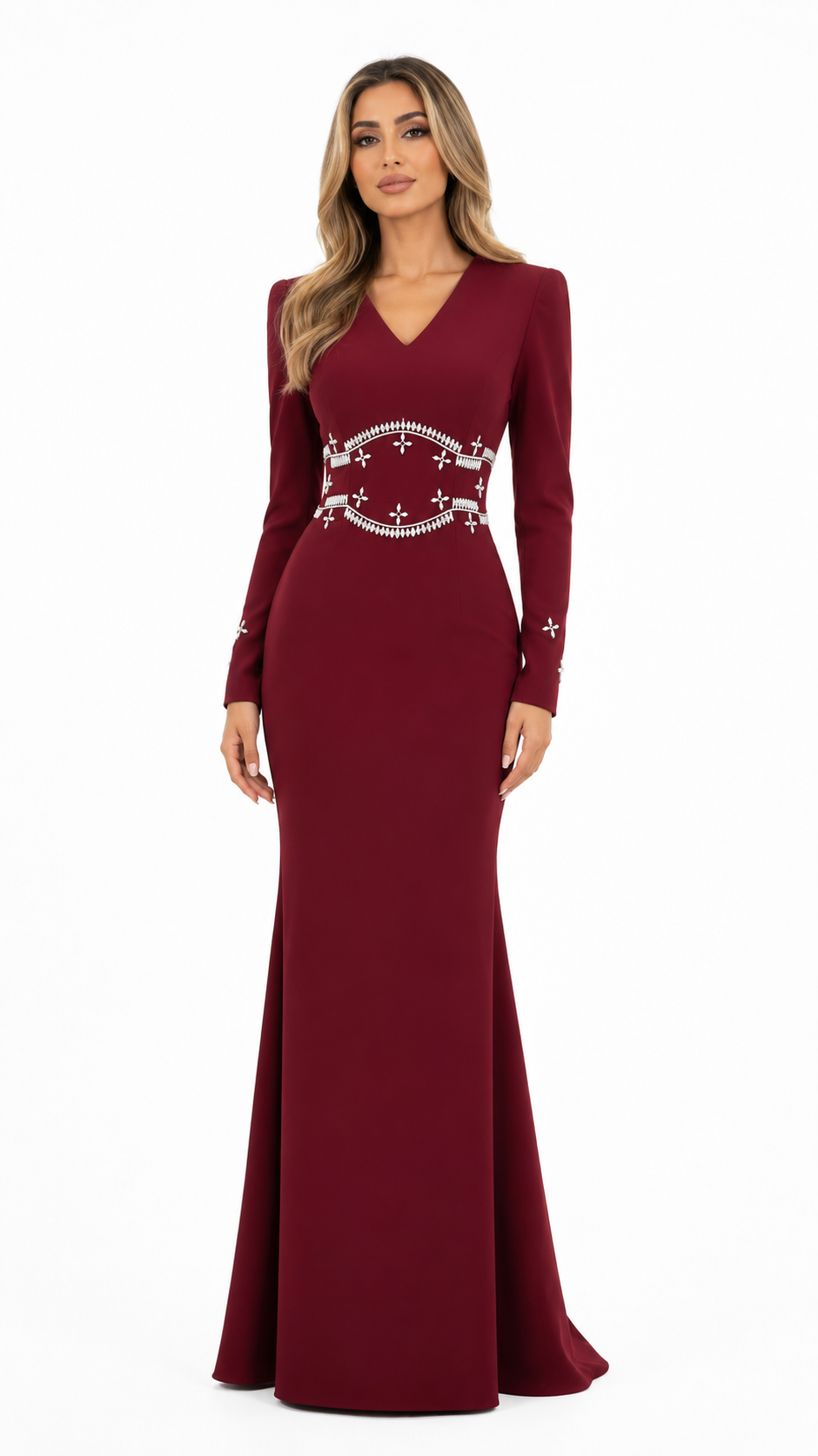 Embellished Waist Mermaid Evening Dress - Burgundy