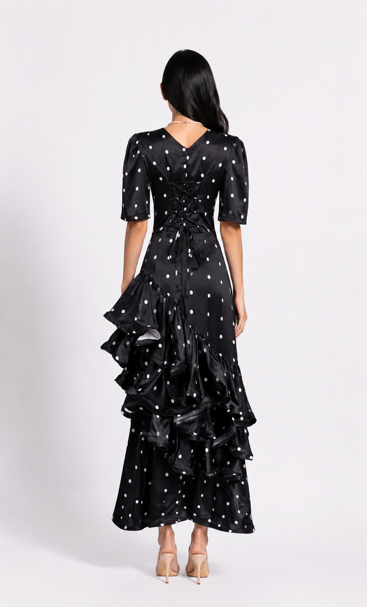 Polka Dot Ruffle Satin Dress - Valentina