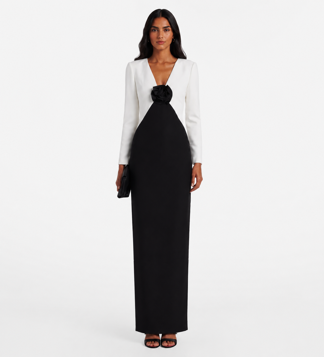Black & White Rose Detail Evening Gown - Monique