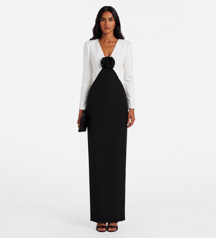 Black & White Rose Detail Evening Gown - Monique