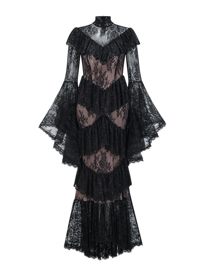 high neck lace ruffle dress with sheer panels – NOIR