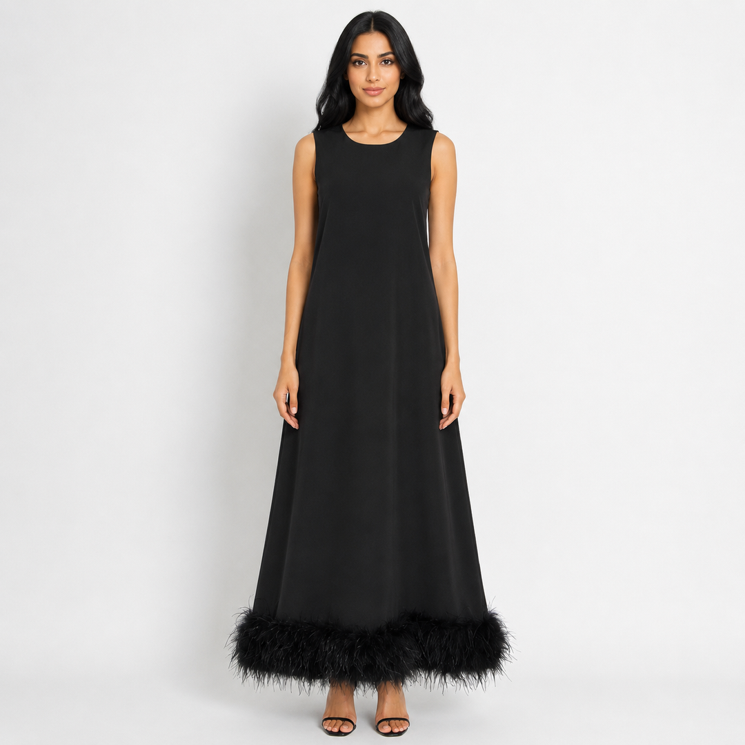 Feather Hem Shift Midi Dress - Ivory
