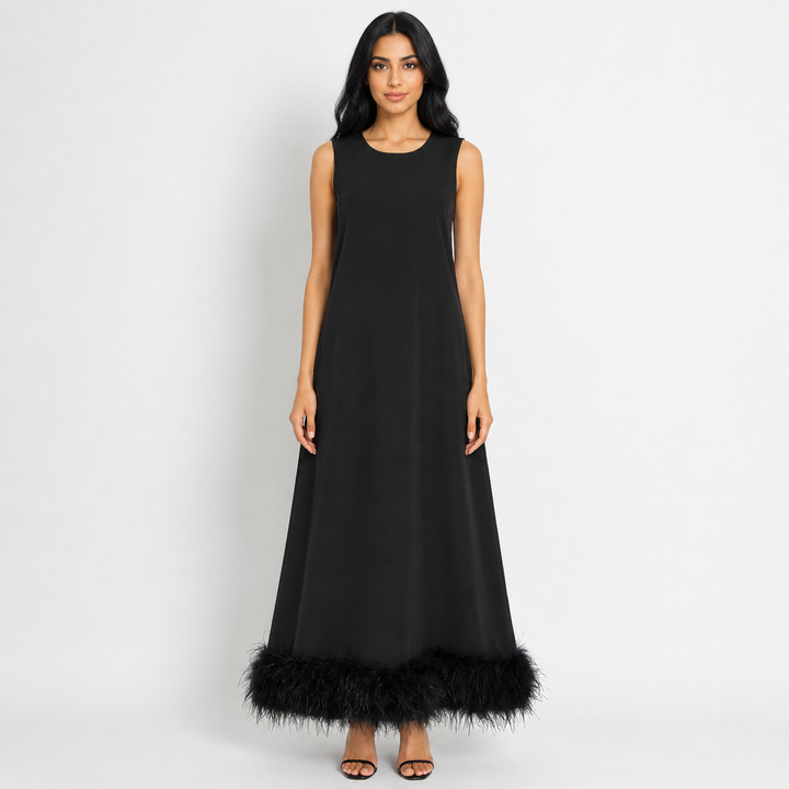 Feather Hem Shift Midi Dress - Ivory