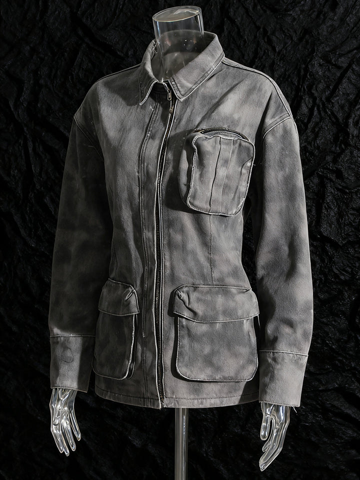 long sleeve zip-up utility jacket with oversized pocket detail – ASHER