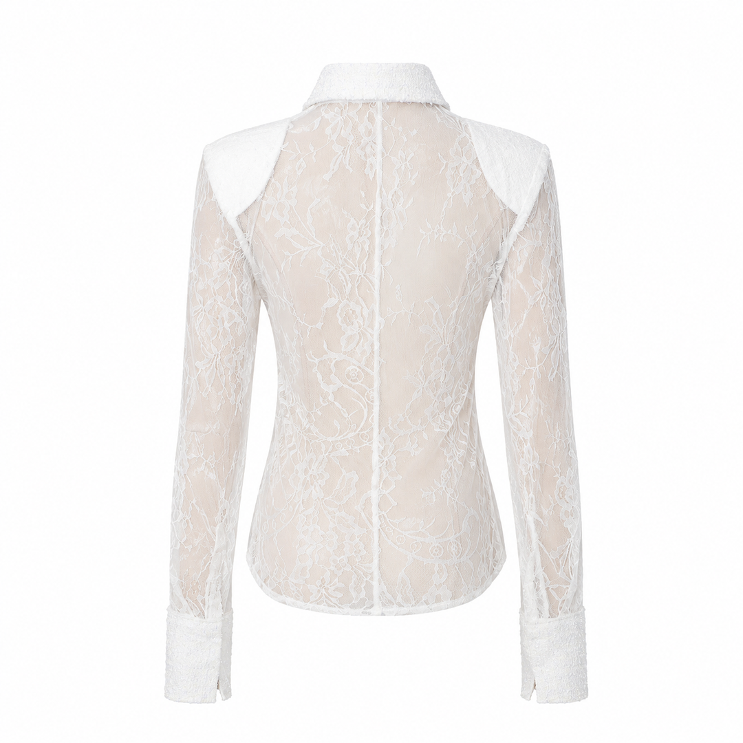 Elegant Sheer Lace Button-Up Blouse - Luxury