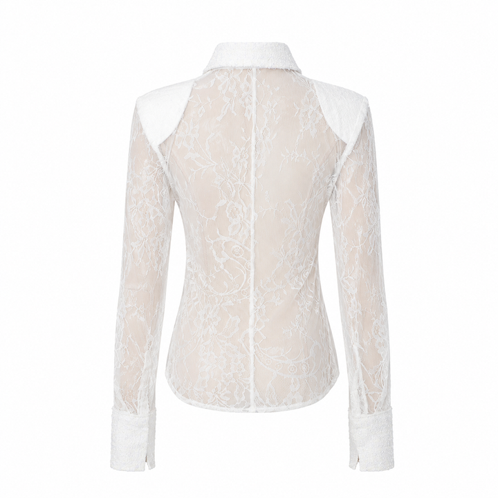 Elegant Sheer Lace Button-Up Blouse - Luxury