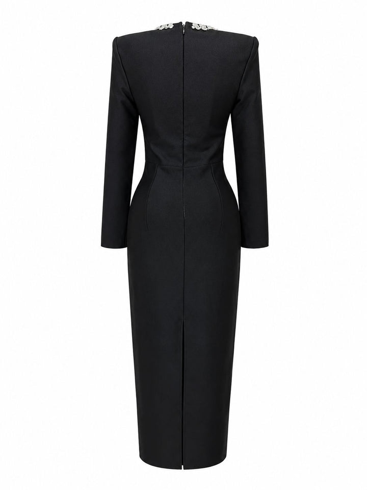 Crystal Trim Square Neck Midi Dress - Elegance