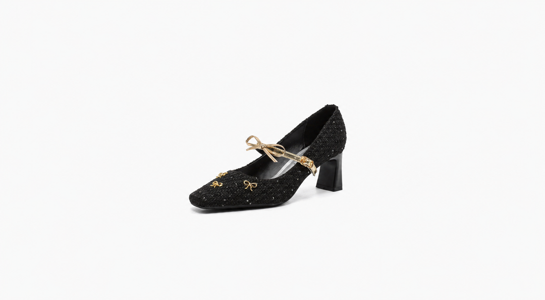 square-toe tweed heels with bow strap – AMELIA