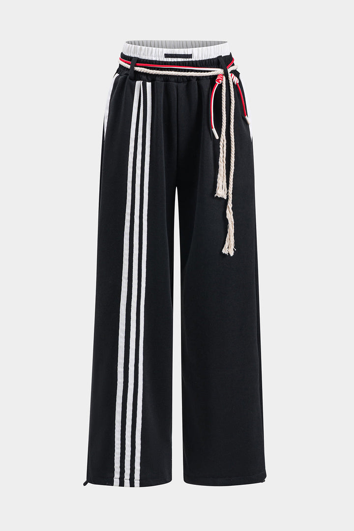 Contrast Ruched Double Waistband Tie Front Wide Leg Trousers
