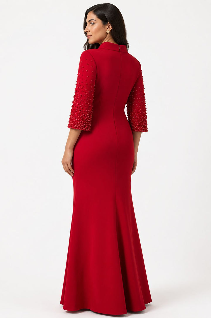 Beaded sleeve column gown with high neckline – SCARLETTA-1