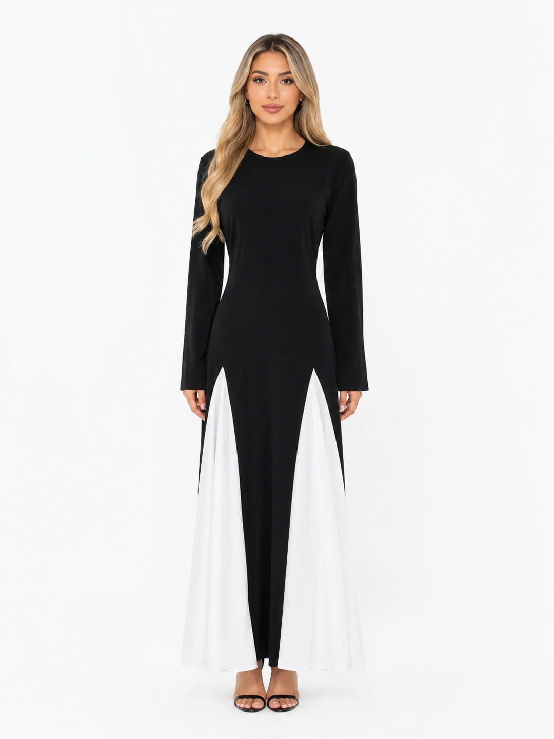 Contrast Panel Long Sleeve Maxi Dress - Monochrome