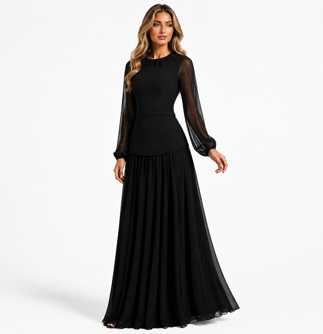 Elegant Black Chiffon Sleeve Maxi Dress - Noire