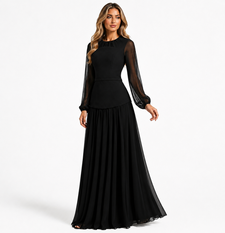 Elegant Black Chiffon Sleeve Maxi Dress - Noire