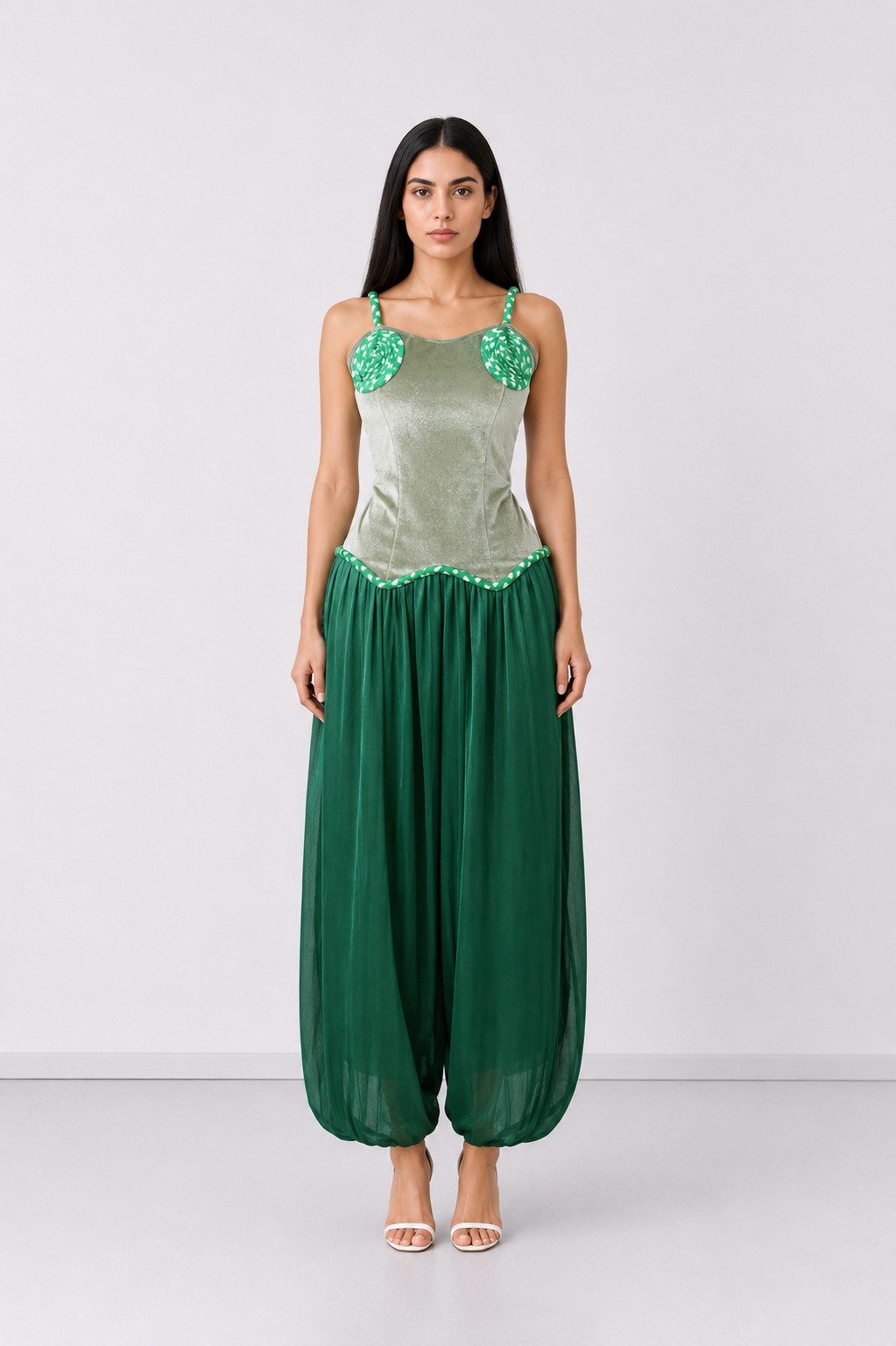 Green Velvet & Chiffon Two-Piece Set - Emerald