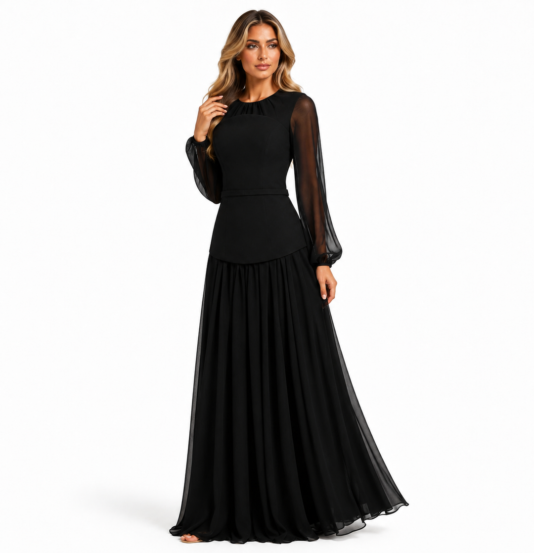 Elegant Black Chiffon Sleeve Maxi Dress - Noire