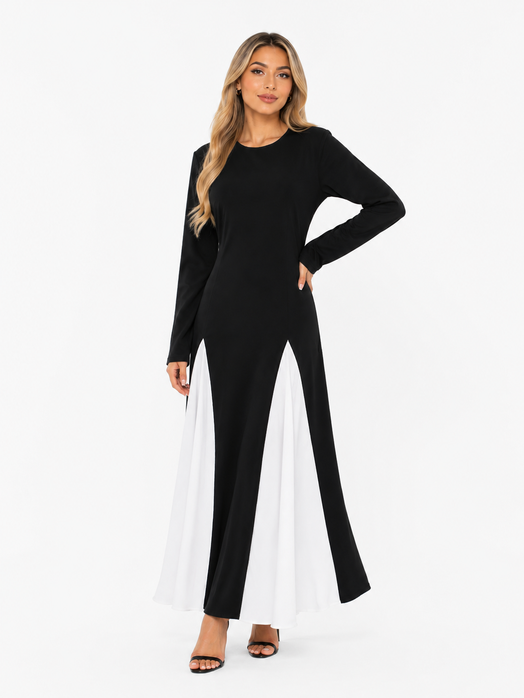 Contrast Panel Long Sleeve Maxi Dress - Monochrome