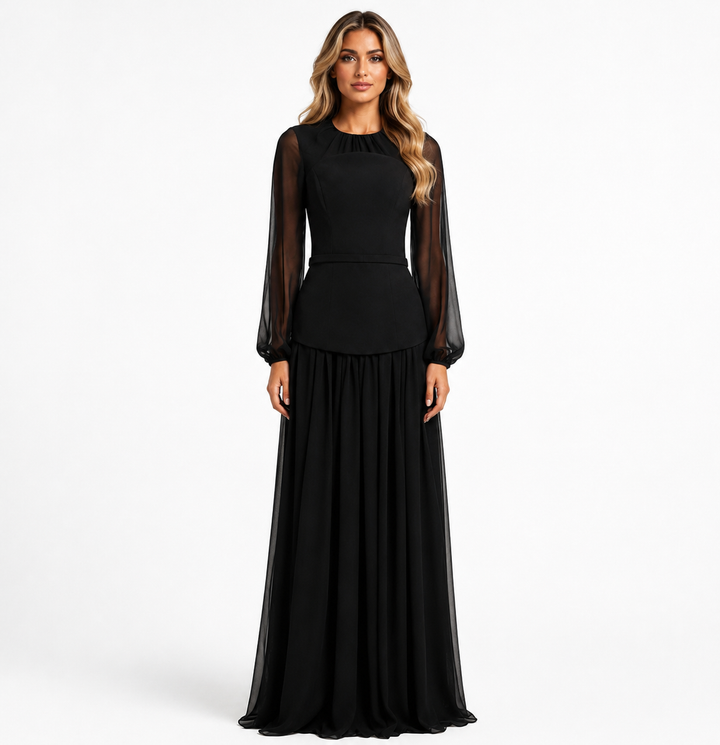 Elegant Black Chiffon Sleeve Maxi Dress - Noire