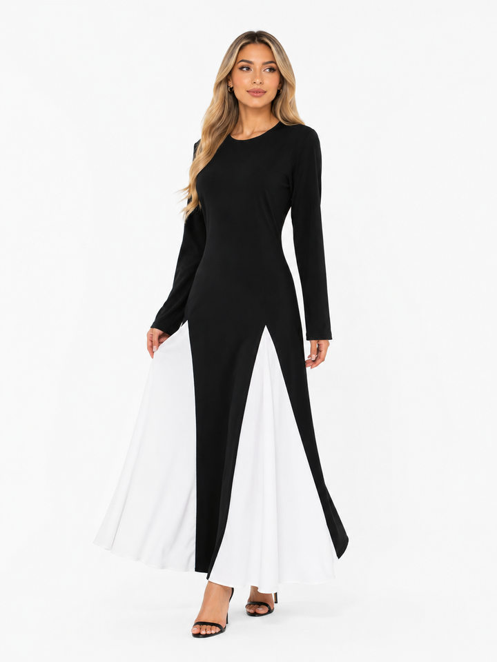Contrast Panel Long Sleeve Maxi Dress - Monochrome