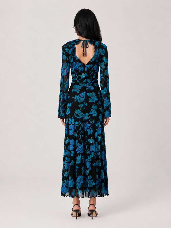 Midnight Bloom Floral Ruched Maxi Dress - Allure