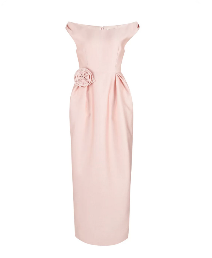 Blush Off-Shoulder Rosette Midi Dress – Rosalie