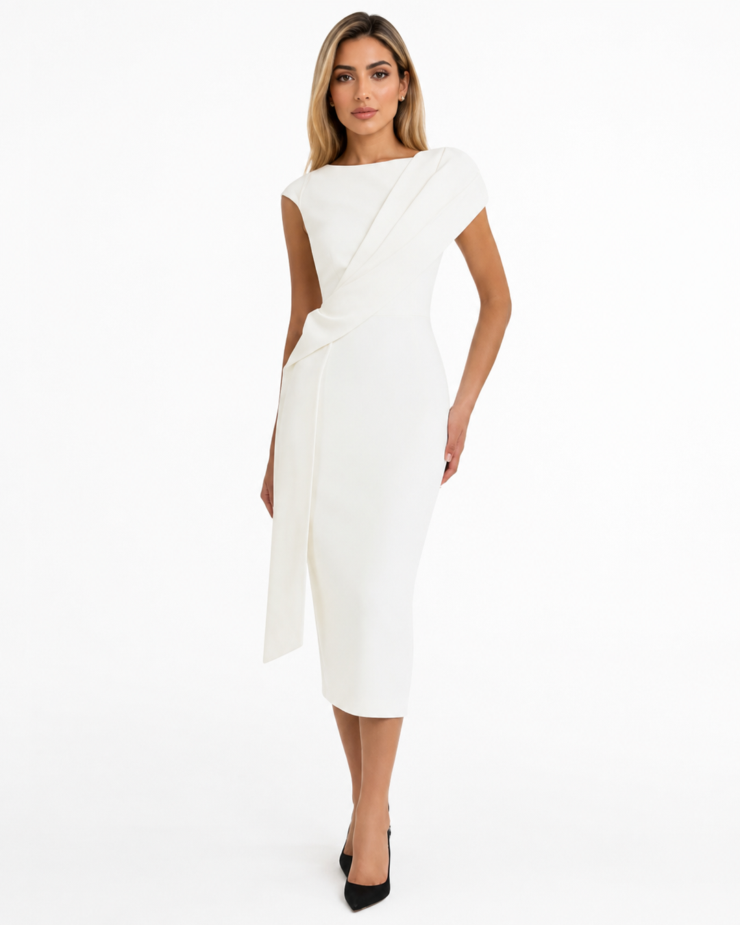 Asymmetric Draped Midi Dress - Ivory