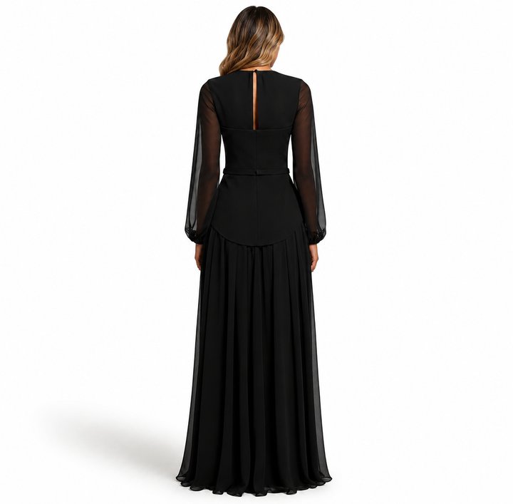 Elegant Black Chiffon Sleeve Maxi Dress - Noire