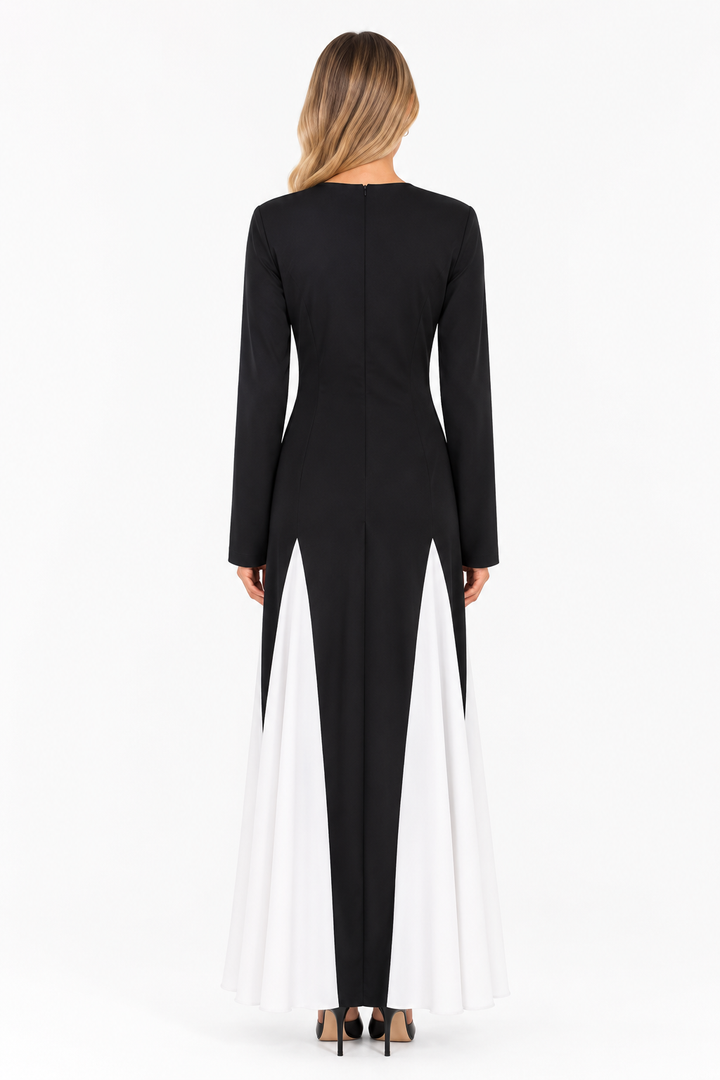 Contrast Panel Long Sleeve Maxi Dress - Monochrome