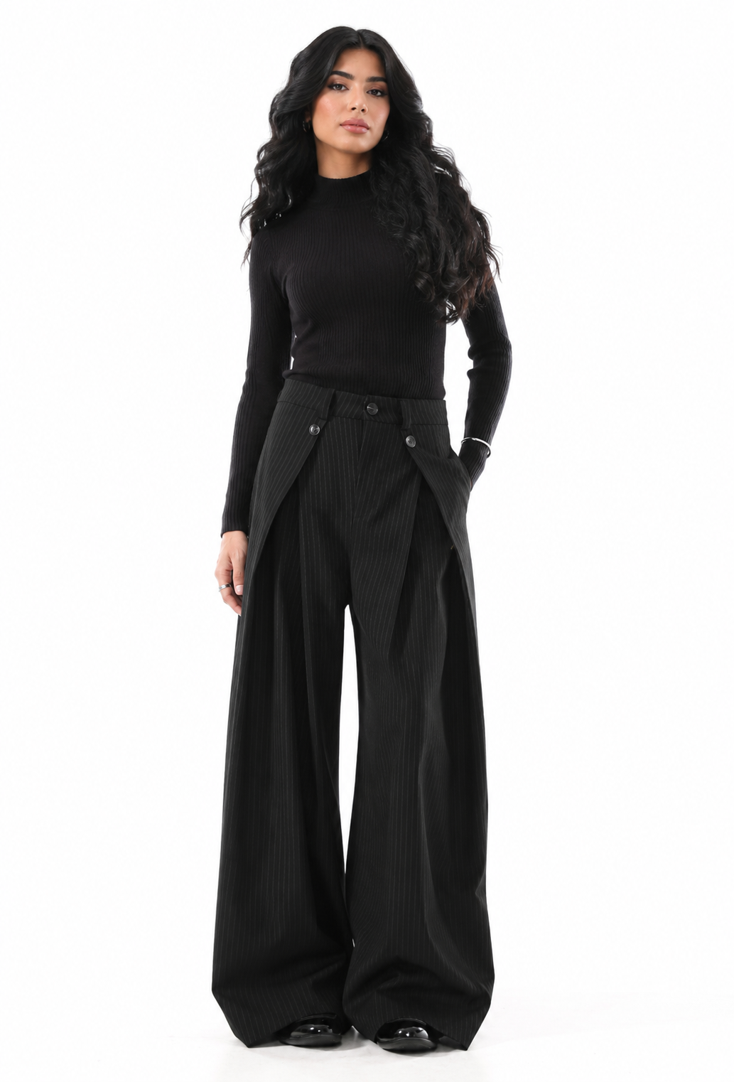 Grey Pinstripe Layered Wide-Leg Pants – Slate