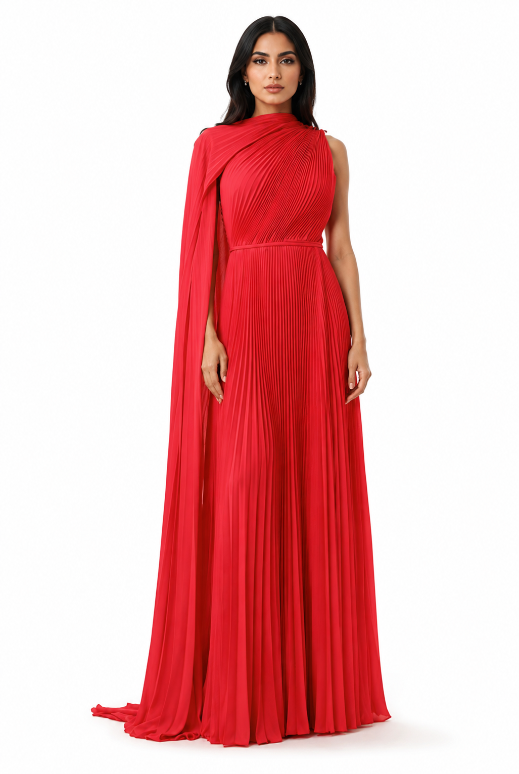 One-Shoulder Pleated Cape Gown - Scarlet