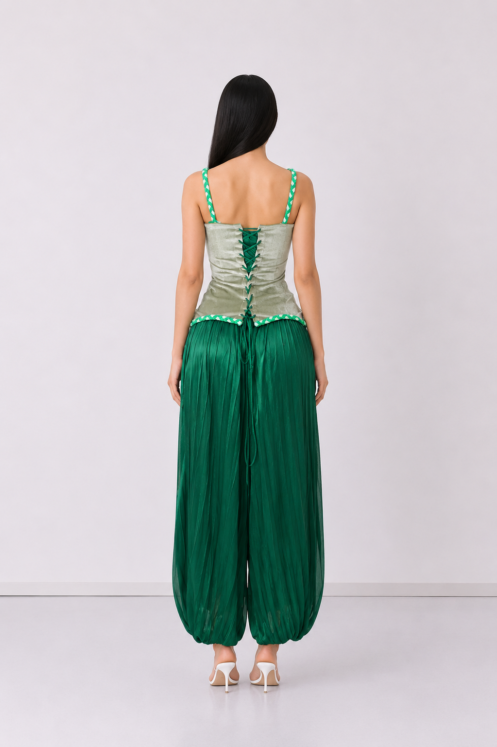 Green Velvet & Chiffon Two-Piece Set - Emerald
