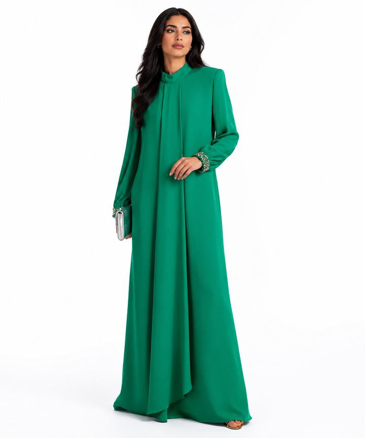 Crystal-Cuff Draped Gown - Emerald