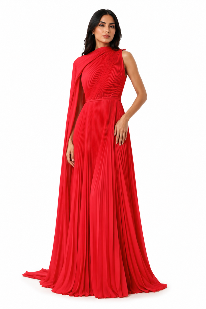 One-Shoulder Pleated Cape Gown - Scarlet