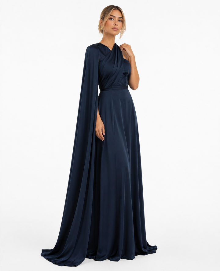 One-Shoulder Cape Maxi Dress – Midnight