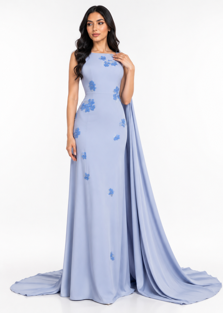 Floral Appliqué Cape Gown - Sky