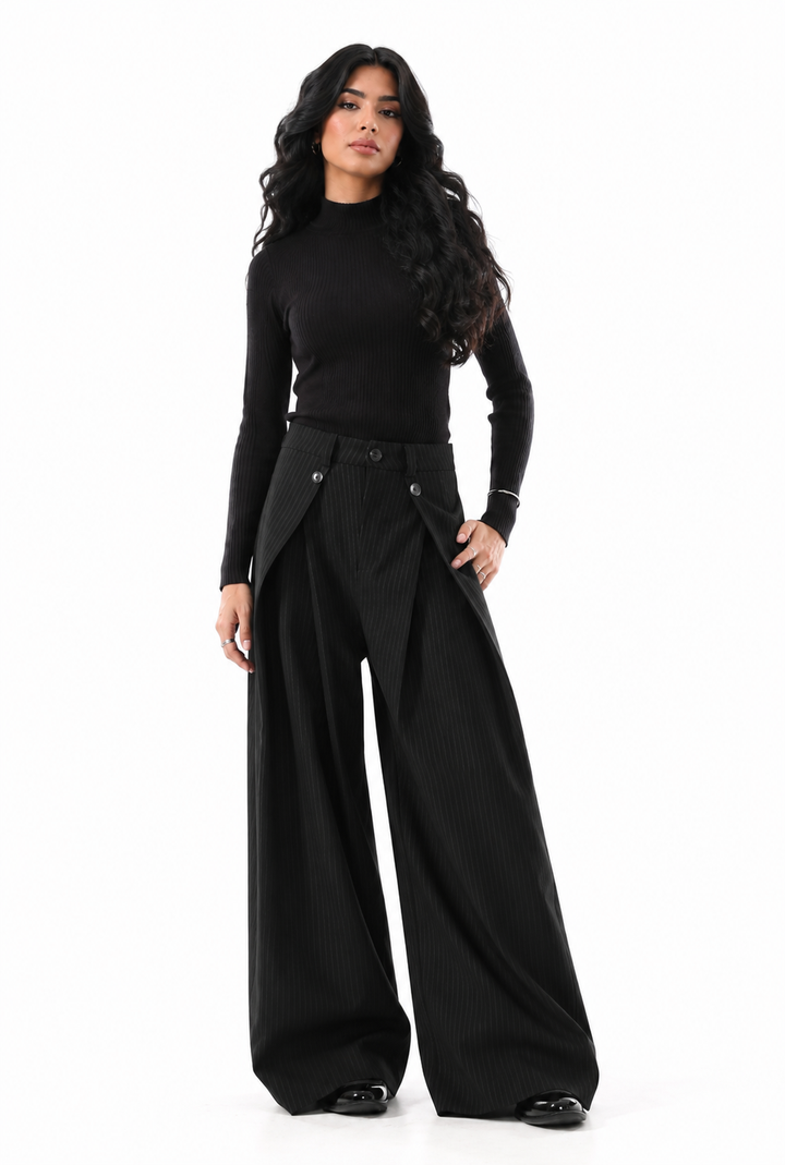 Grey Pinstripe Layered Wide-Leg Pants – Slate
