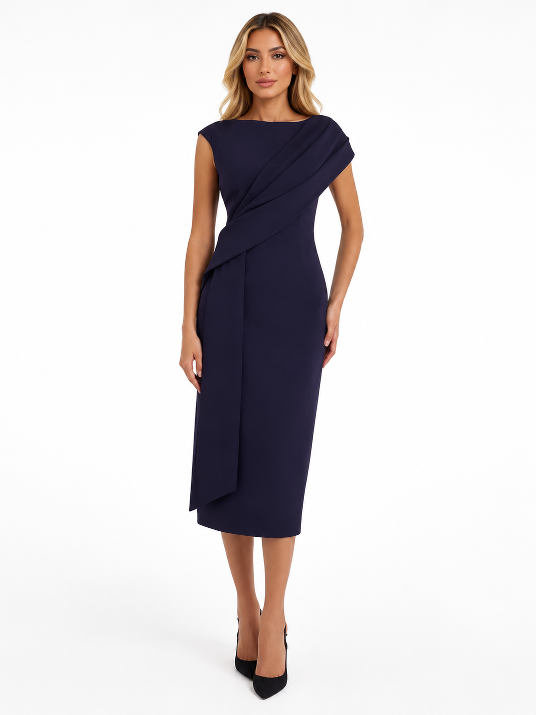 Asymmetric Draped Midi Dress - Ivory