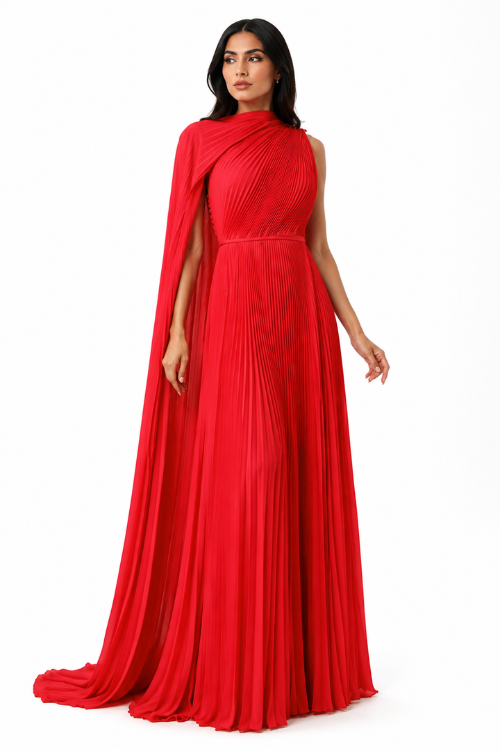 One-Shoulder Pleated Cape Gown - Scarlet
