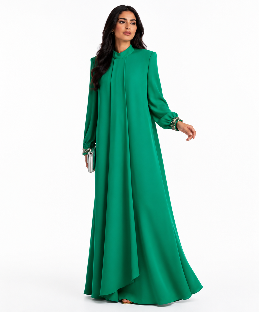 Crystal-Cuff Draped Gown - Emerald